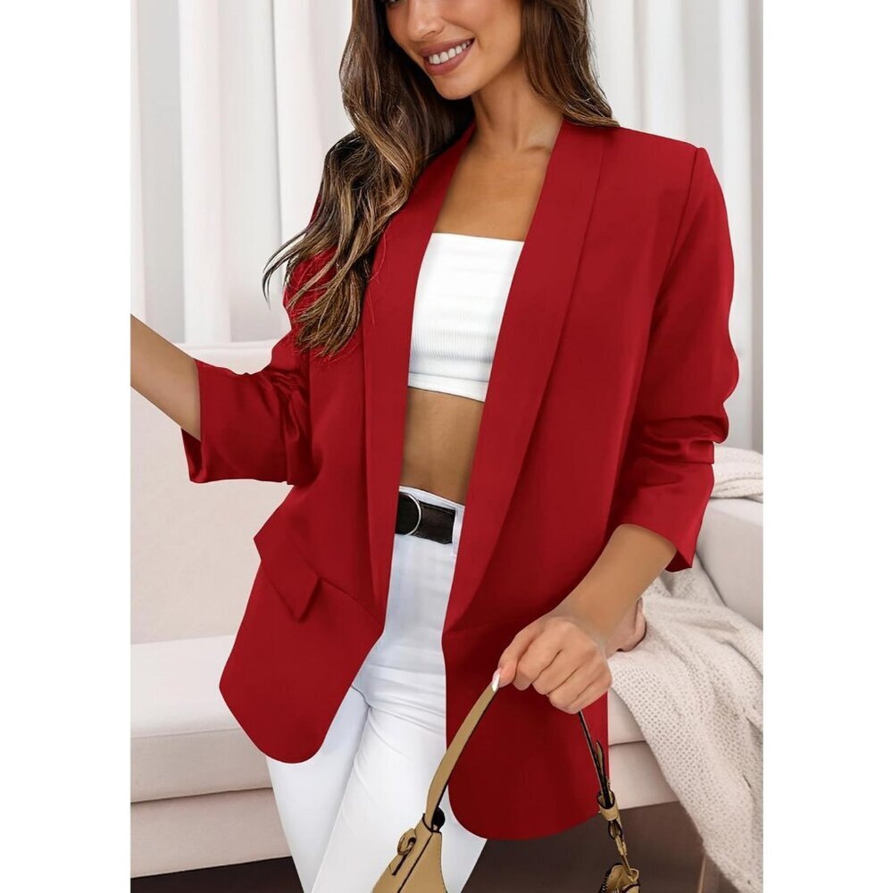Women's Red Casual Blazer Spring Fall Fashion Long Sleeve Open Front Work - Picture 5 of 6
